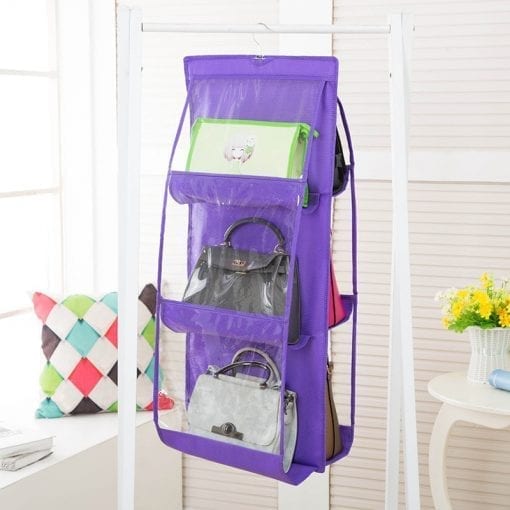 6 Pocket Hanging Handbag Organizer for Wardrobe Closet Transparent Storage Bag Door Wall Clear Sundry Shoe Bag with Hanger Pouch